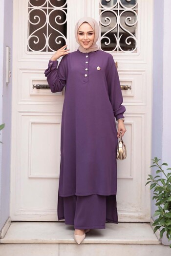 N.S NEVA STYLE Button Detailed Lilac Hijab Double Set 76641Lila