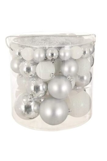 Jumbo Set Globuri de Crăciun Argintii Albe Mat Strălucitoare Glitter 4-6-8-10 cm - 54 buc