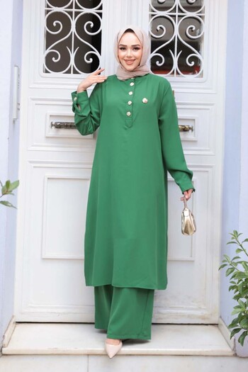 N.S NEVA STYLE Button Detailed Green Hijab Double Set 76642Y