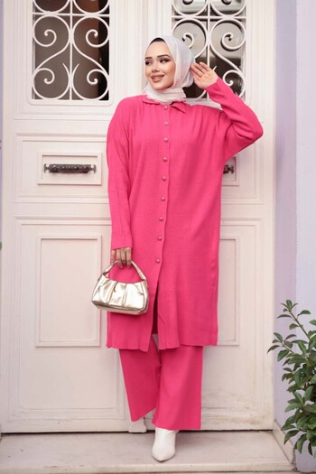 N.S NEVA STYLE Collared Pomegranate Flower Hijab Knitwear Double Set 34181Nc