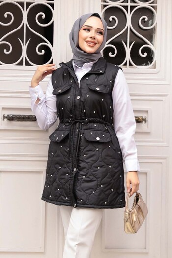 N.S NEVA STYLE Bead Detailed Black Hijab Inflatable Vest 80321S