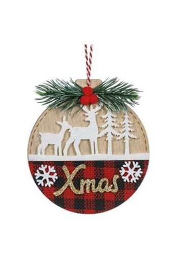 Jumbo Ornament Pom de Craciun din Lemn Rotund Carouri Reni Brazi Xmas Glitter 10 cm