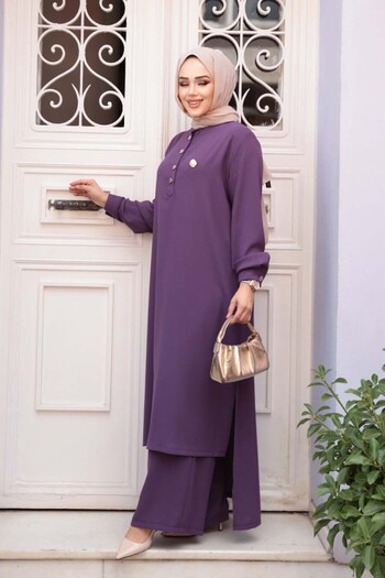 N.S NEVA STYLE Button Detailed Lilac Hijab Double Set 76641Lila