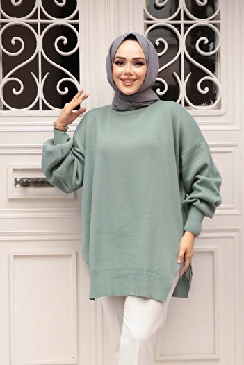 N.S NEVA STYLE Chain Detailed Mint Hijab Knitwear Sweater Tunic 17202Mint
