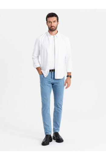 OMBRE Pánské klasické džíny SLIM FIT s elastanem - světle modré V2 OM-PADP-0216 S
