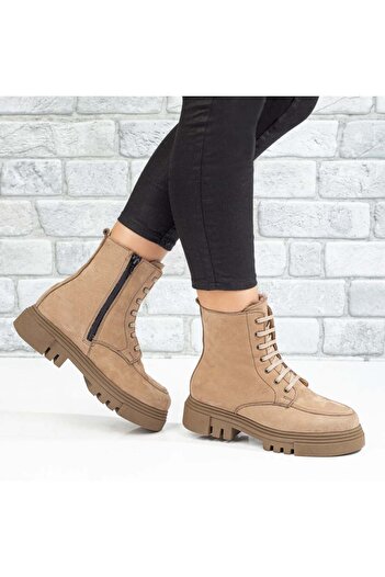 BMoD Women's beige genuine leather boots with laces and a zipper MOD10389