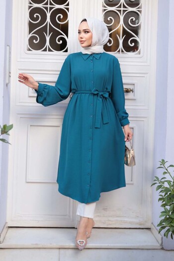 N.S NEVA STYLE Buttoned Petrol Blue Hijab Tunic 32172Pm