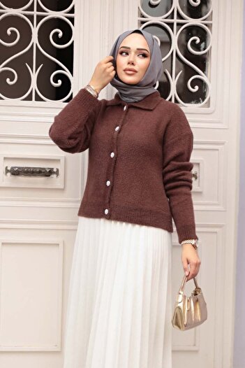 N.S NEVA STYLE Feather Brown Hijab Knitwear Cardigan 85321Kh