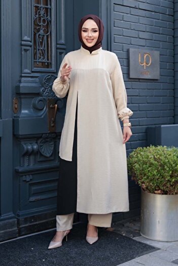 N.S NEVA STYLE Color Block Detailed Beige Hijab Double Set 65881Bej