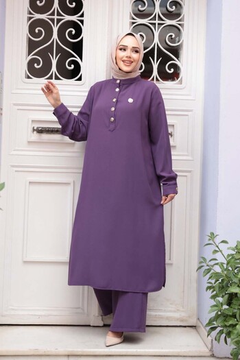 N.S NEVA STYLE Button Detailed Black Hijab Double Suit 76642Lila