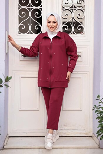 N.S NEVA STYLE Zippered Burgundy Hijab Double Set 12401Br