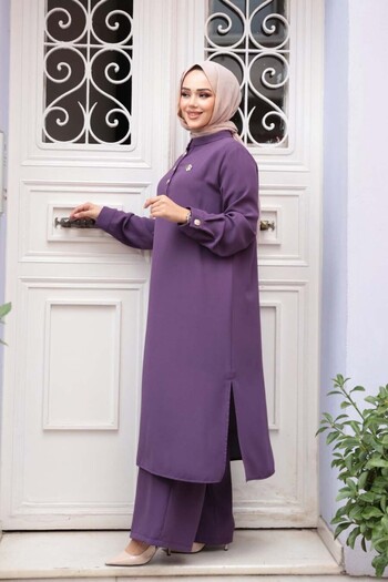 N.S NEVA STYLE Button Detailed Black Hijab Double Suit 76642Lila