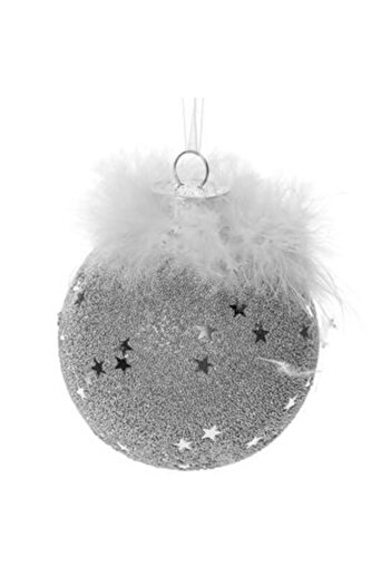 Jumbo Ornament de Crăciun pentru brad, glob argintiu cu sclipici și pene albe Ø8 ​​cm