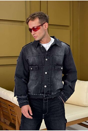 serline Anthracite Ripped Detail Denim Jacket
