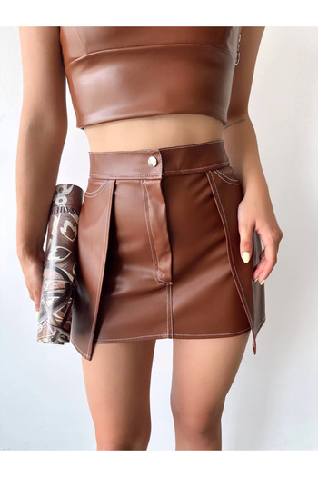 CEKAVE Contrast leather skirt coffee w260015