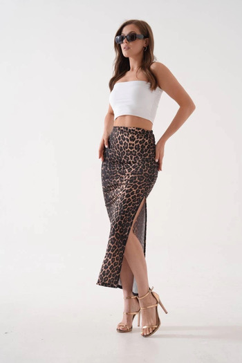 agishop Long Slit Slim Fabric Skirt Leopard