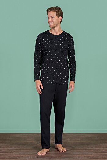 Pijadore Men's Black Long Sleeve Button down Collar Patterned Pajama Set C9T2N91