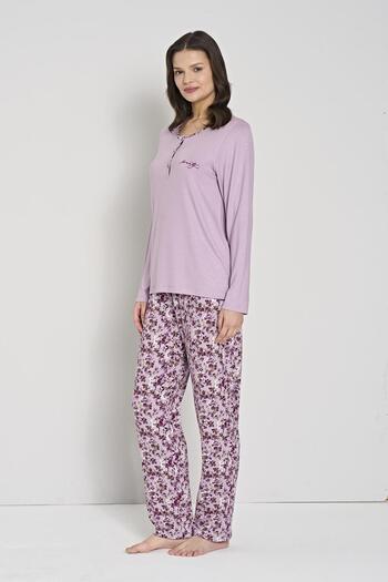 Pijadore Women's Plus Size Lilac Floral Print Button down Collar Long Sleeve Pajama Set C0T1N91