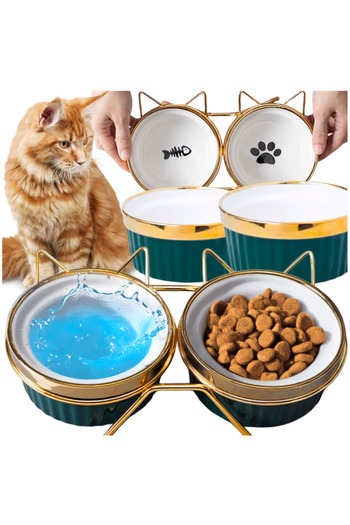 Other PetJet 300ml Double Cat and Dog Bowls with Stand, Ceramic, Gold Ears, Set of 2