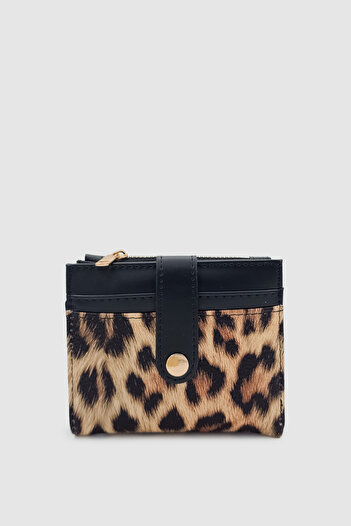 Wuclo Ivina Quilted Detailed Card Holder Women's Wallet with Snap Fastener and Zipper Leopard
