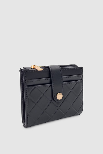 Wuclo Ivina Quilted Detailed Card Holder Snap Fastener and Zipper Women's Wallet Black
