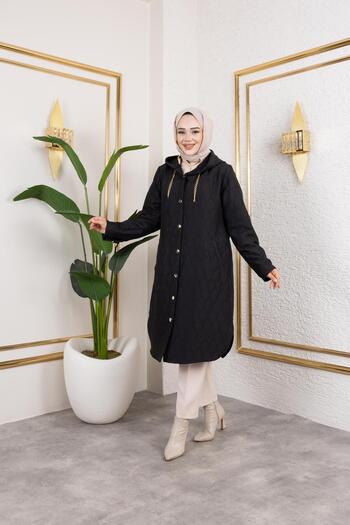 Hb Harma Time Butik Women's Hooded Knitted Quilted Fabric Buttoned Black Cap