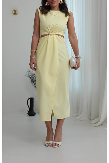 studio fashion 1988 Women's Zero Sleeve Low-Cut Waist Gold Buckle Midi Dress