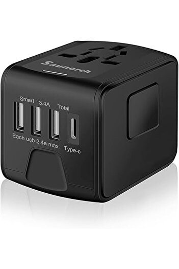 Generic محول طاقة سفر عالمي SAUNORCH مزود بمنفذ USB-A عالي السرعة 2.4 أمبير، وشاحن حائط USB-C 3.0 أمبير