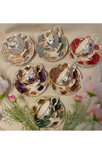 BY.RAYKA PORSELEN El Dekor Porcelain Hand Decorated Painted Coffee Cup Set