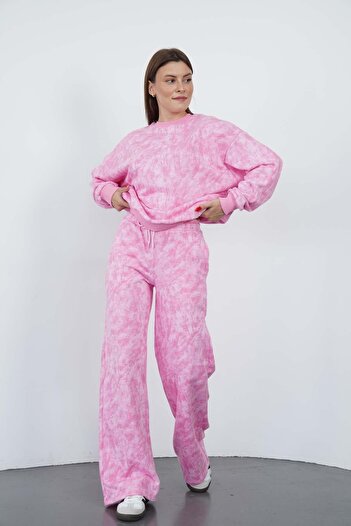 penyebizden Oversize Sweatshirt & Wide Leg Sweatpants Set-Pink Printed