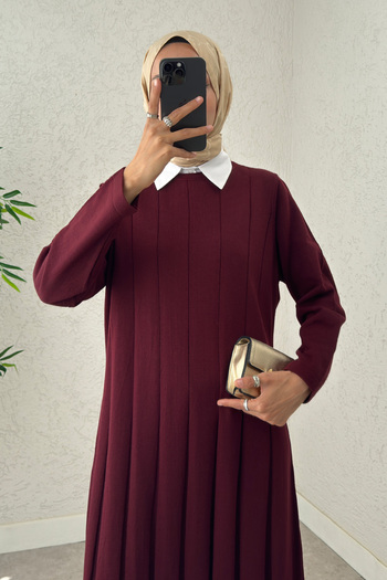 Salih Çelebi Striped Pleated Knitwear Dress 0010 - Bordo