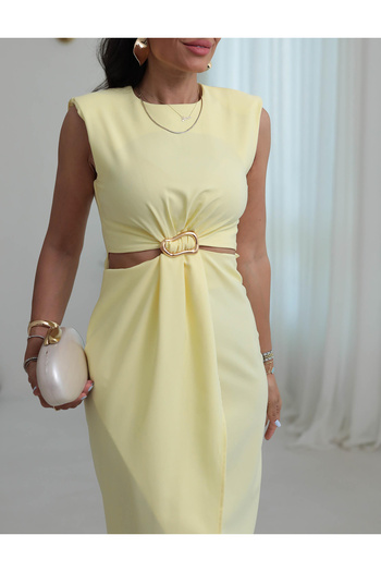 studio fashion 1988 Women's Zero Sleeve Low-Cut Waist Gold Buckle Midi Dress