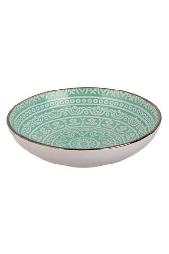 SHOPIENS Bol Ceramic 800ml Tribal Mint Verde Menta Reliefat Aztec pentru Salata sau Fructe