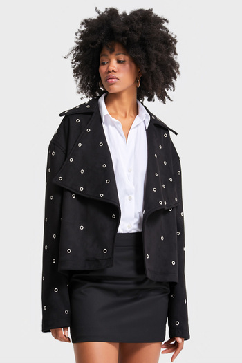 its basic Jachetă de damă de culoare neagră w5-1 oversize cu detalii cu ochiuri de păsări cu design special
