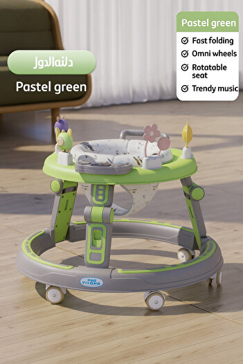 Baby Walker Foldable Green with Adjustable Height and 360° Rotating Musical Toy Tray