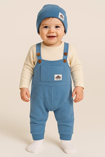 dinamik çocuk Baby Boy Mountain Themed Romper/3-Piece Set I Salopet+Beanie+Waffle Bodysuit 3-6-9-12 Months Old