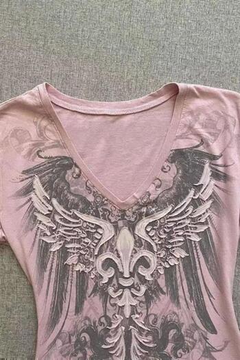 Karakedi Pink Gothic Wing Y2K Long Sleeve Crop