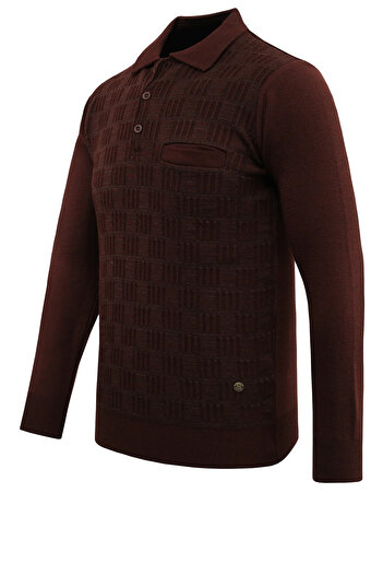 Çizgi Triko Men's Plus Size Polo Neck Sweater with Pockets, Crinkled Steel Knit, Classic Fit - 5215Fb
