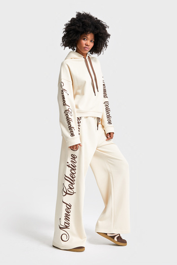 its basic Women's Ecru Color W5-57 Letter Embroidered Loose Fit Design Top and Bottom 2-Piece Combination Set