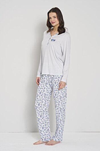 Pijadore Women's Blue Color Floral Pattern Buttoned Collar Long Sleeve Pajama Set C6T0N91