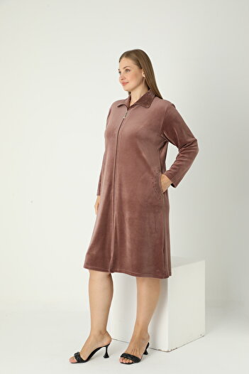 STELLETO Velvet Winter Collared Stone Detailed Pocketed Plus Size Zippered Dress