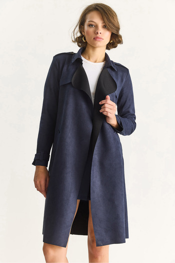 Bianco Lucci Women's Double Breasted Collar Draped Belted Suede Trench Coat 24-182 60283554