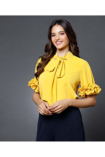 Zigzag Sleeve Detailed Neck Tie Yellow Top