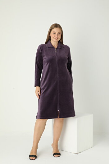 STELLETO Velvet Winter Collared Stone Detailed Pocketed Plus Size Zippered Dress