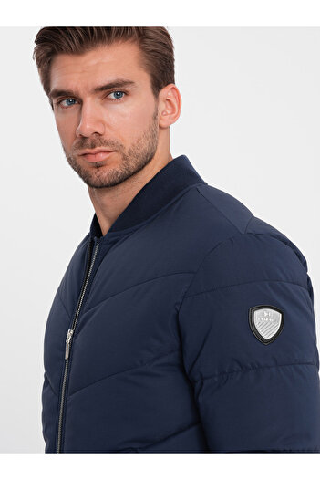 OMBRE Men's quilted bomber jacket with metal zippers - navy blue V2 OM-JALP-0143