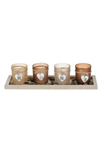 SHOPIENS Set Suport Lemn cu 4 Pahare Galben Maro Inimi Home pentru Lumanari Pastila 39x13cm