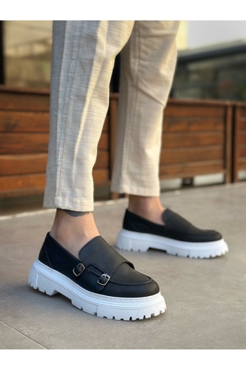 pabucmarketi Laceless Double Buckle Men's Casual Shoes Black (White Sole)