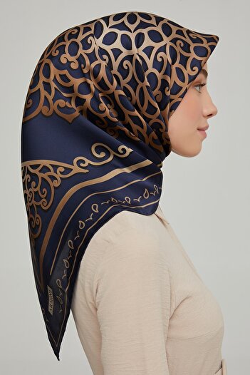 Armine Scarf Navy Blue Women's Scarf Nostalgic Patterned Blue Twill Silk