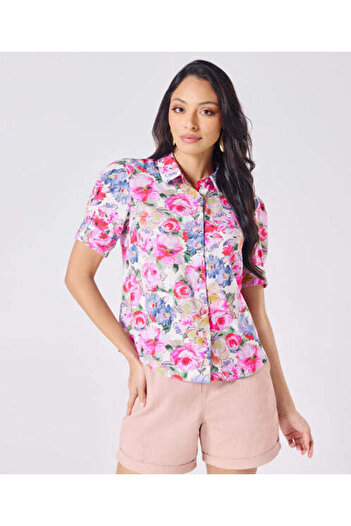 Zigzag Short Sleeve Classic Collar Pink Printed Top