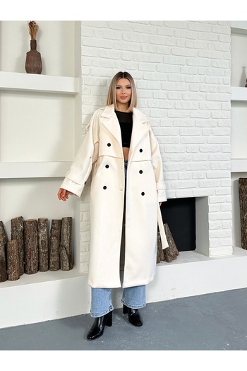LE CARAMBOLE Women's Premium Long Cashmere Coat with Cream Sleeves and Shoulder Epaulettes
